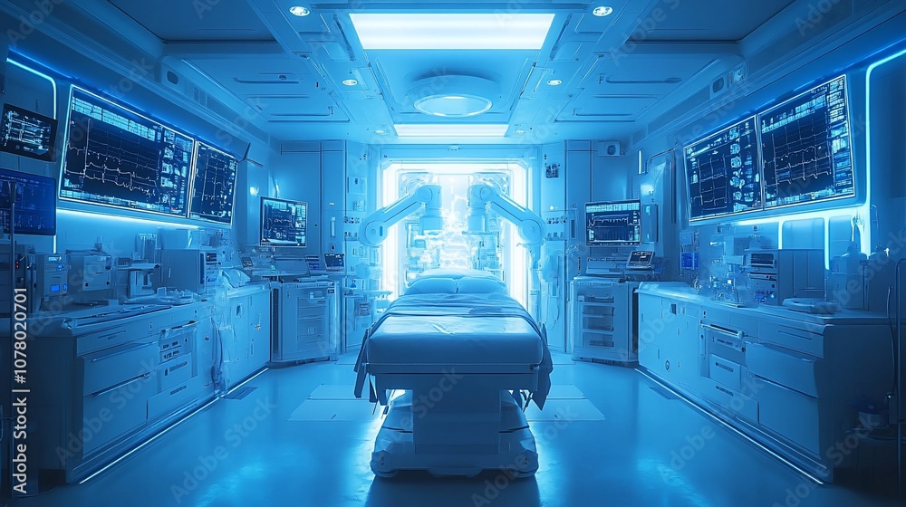 A futuristic operating room with robotic arms, medical equipment, and monitors, lit in cool blue light. A futuristic operating room with robotic arms, medical equipment, and monitors, lit in cool blue light.