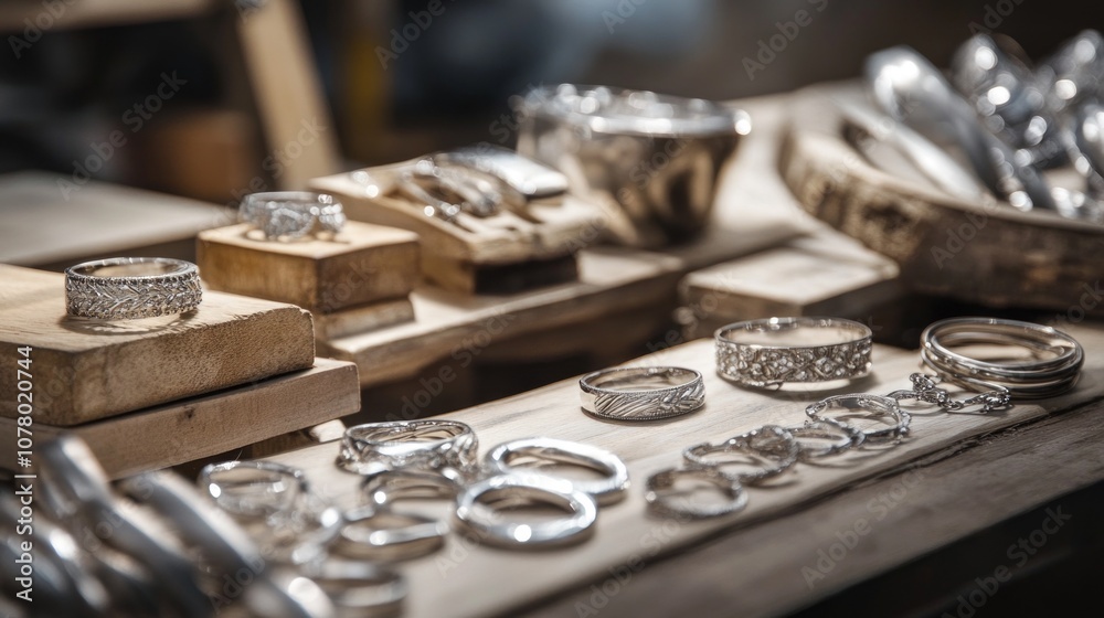 A table full of silver rings and bracelets A table full of silver rings and bracelets