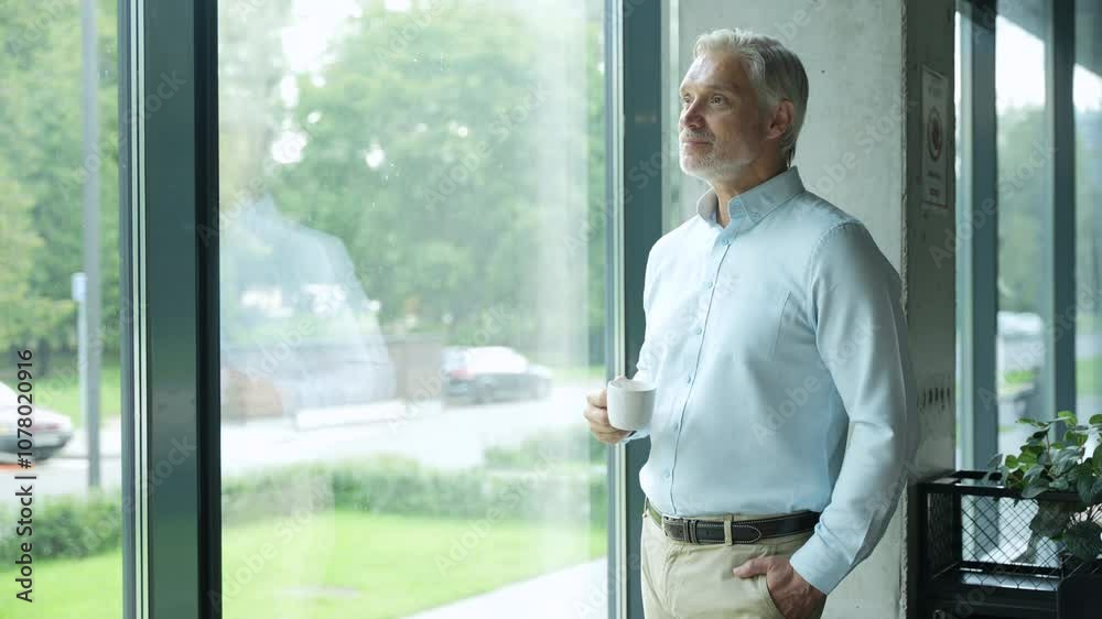 Smiling Middle Aged Businessman Standing In Office Setting With Coffee Mug Smiling Middle Aged Businessman Standing In Office Setting With Coffee Mug