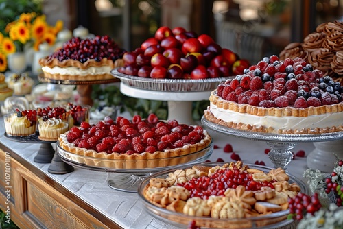 Festive Thanksgiving Table with Pies Cakes and Autumn Decorations