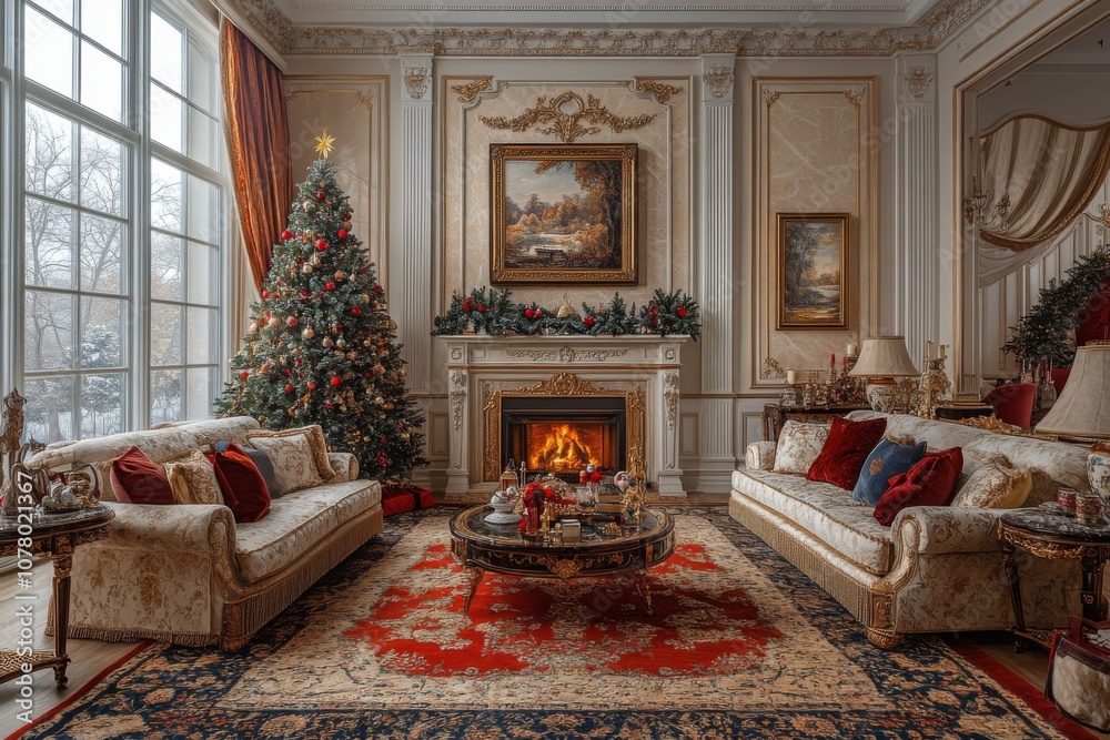 Large living room with fireplace and a Christmas tree Large living room with fireplace and a Christmas tree