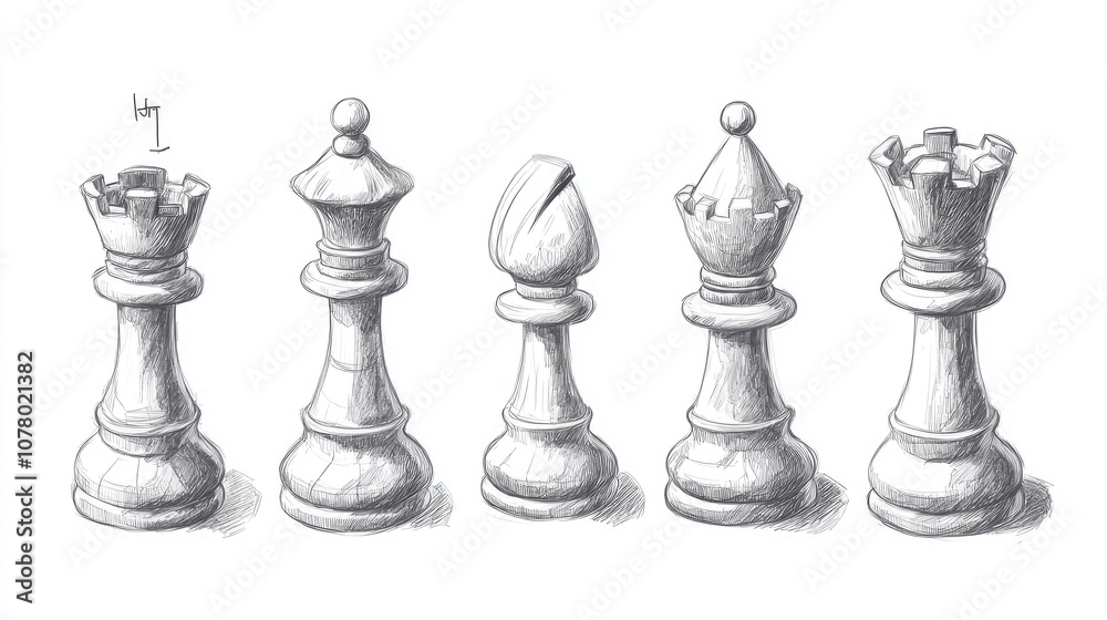 A hand-drawn illustration of five chess pieces, including two queens, two bishops, and a rook, in pencil on a white background. A hand-drawn illustration of five chess pieces, including two queens, two bishops, and a rook, in pencil on a white background.