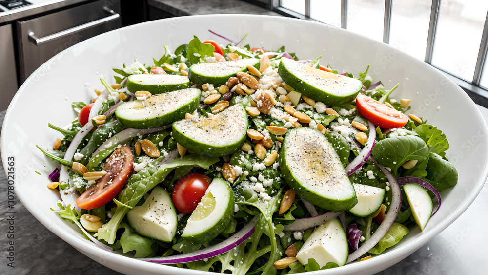 Large white plate of salad with nuts and cheese Large white plate of salad with nuts and cheese