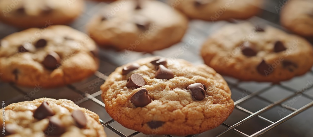 Close up of freshly baked chocolate chip cookies on a cooling rack. Close up of freshly baked chocolate chip cookies on a cooling rack.