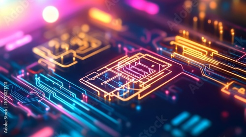 Diverse tech landscape, vibrant holographic connectivity, neon circuits