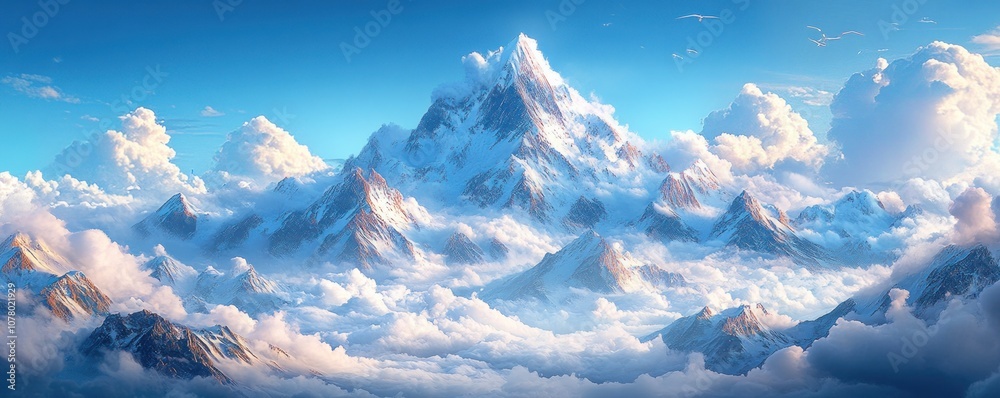 Fototapeta premium Snowy Mountain Peaks Above Clouds