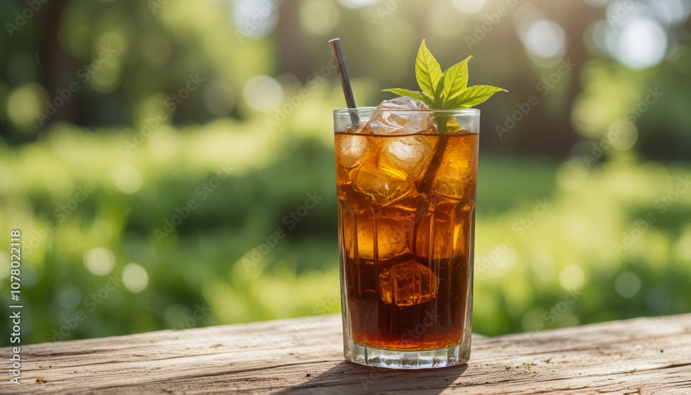 Full glass of iced tea on wooden table with blur sunlight and green nature background. Generative AI Full glass of iced tea on wooden table with blur sunlight and green nature background. Generative AI