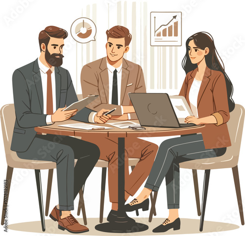 Partners meeting for business discussion with documents and laptop on desk. Couple at round table, speaking, discussing work, partnership. Flat vector on a white background