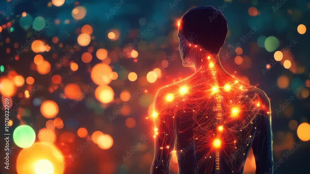 Illustration of fibromyalgia glowing points representing widespread chronic pain symptoms

