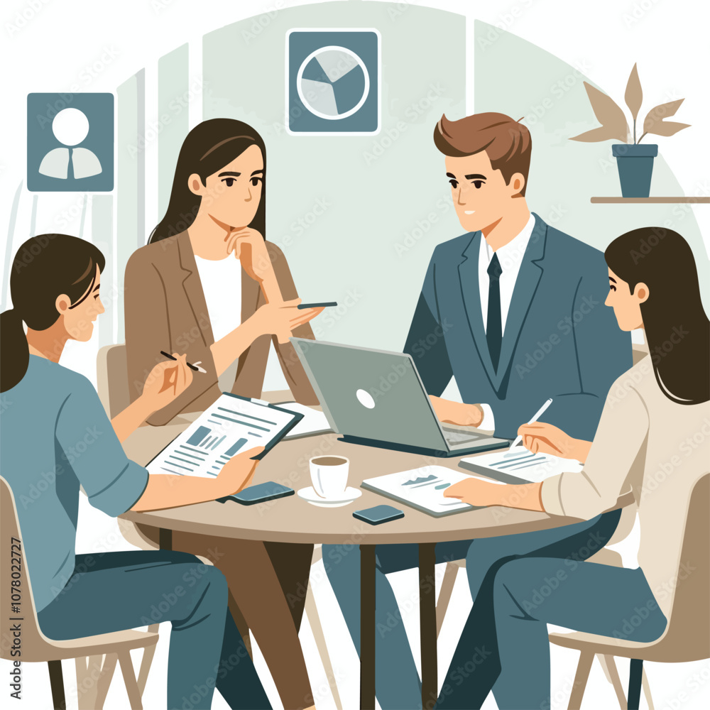 Partners meeting for business discussion with documents and laptop on desk. Couple at round table, speaking, discussing work, partnership. Flat vector on a white background Partners meeting for business discussion with documents and laptop on desk. Couple at round table, speaking, discussing work, partnership. Flat vector on a white background
