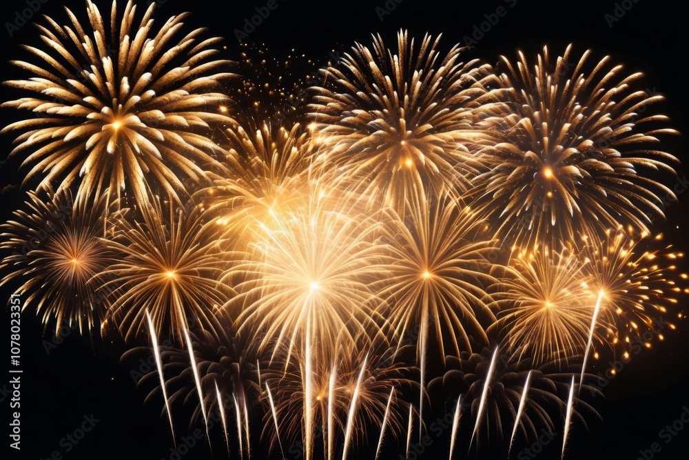 Bright golden fireworks bursting in the night sky for a holiday celebration Bright golden fireworks bursting in the night sky for a holiday celebration