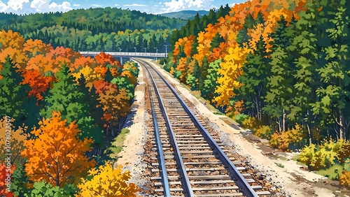 Railroads in the middle of forest with animated anime landscape panorama autumn scene 