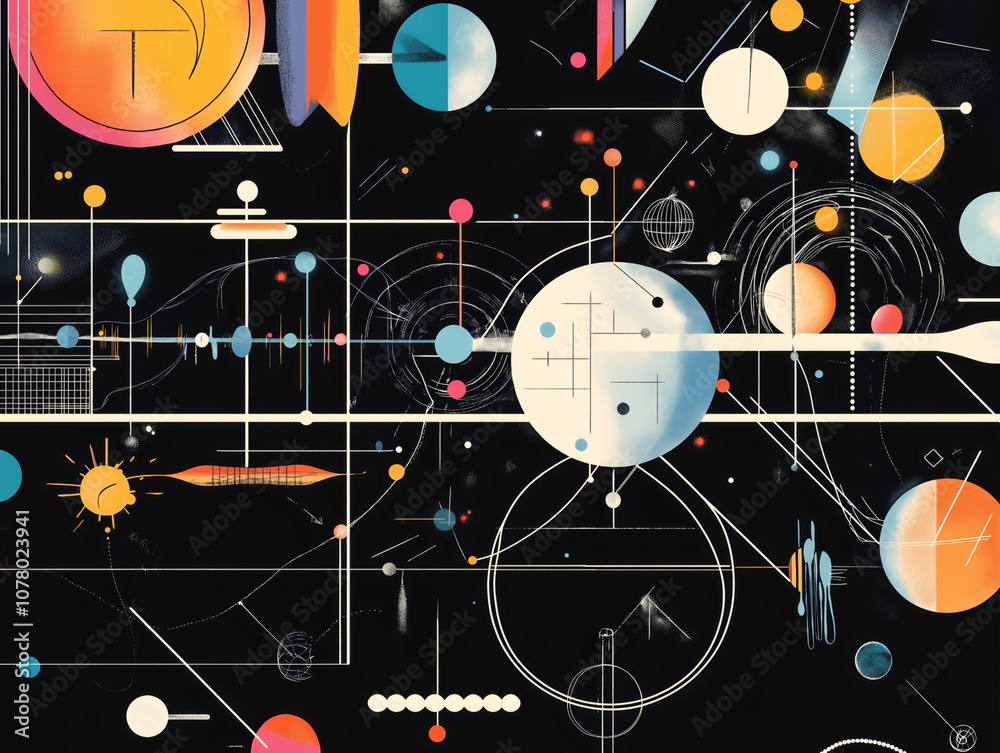 an artistic cosmic illustration with planetary orbits and geometric shapes symbolizing space and knowledge an artistic cosmic illustration with planetary orbits and geometric shapes symbolizing space and knowledge