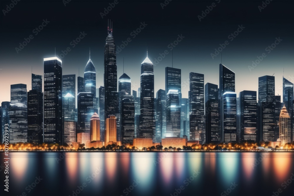 Beautiful night skyline of city with the iconic skyscraper illuminated on water Beautiful night skyline of city with the iconic skyscraper illuminated on water