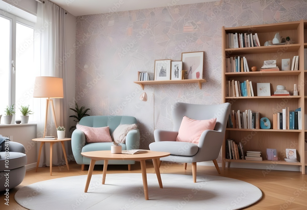 Scandinavian living room interior design zoom background,Doodle patterned wallpaper graphics Scandinavian living room interior design zoom background,Doodle patterned wallpaper graphics