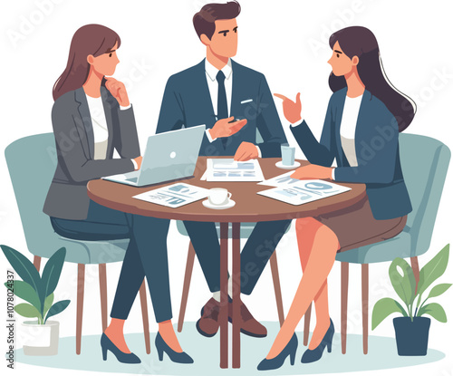 Partners meeting for business discussion with documents and laptop on desk. Couple at round table, speaking, discussing work, partnership. Flat vector on a white background