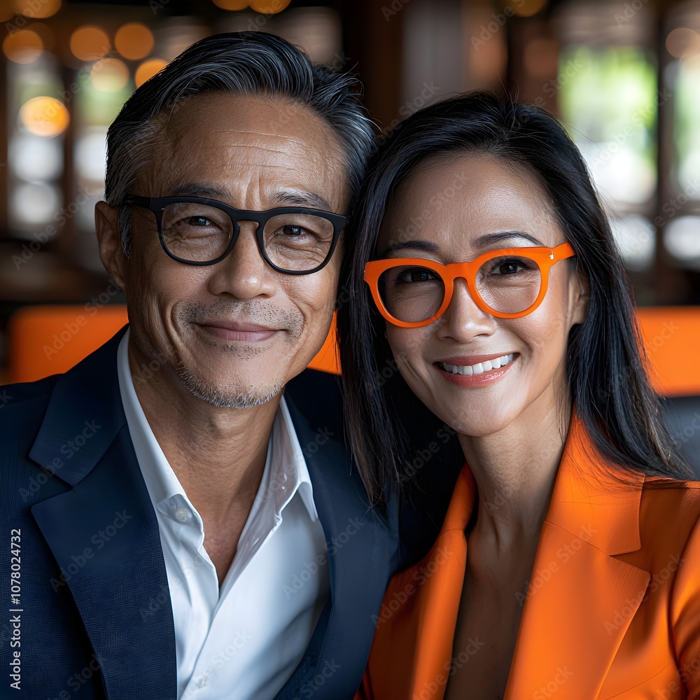 Stylish couple posing for a cheerful portrait in a modern cafe Stylish couple posing for a cheerful portrait in a modern cafe