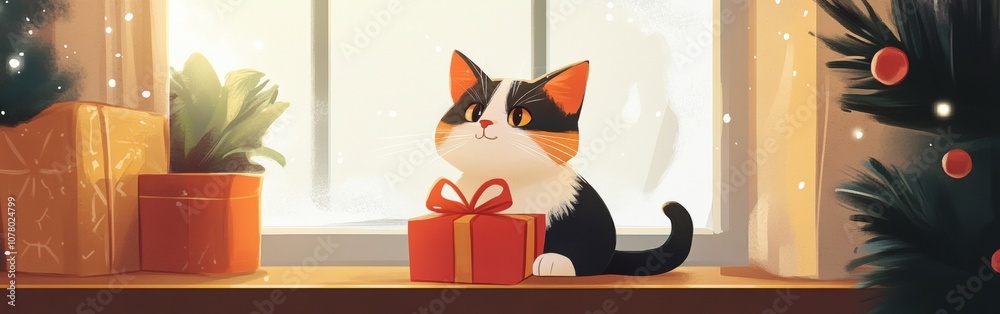 A playful cat rests on a windowsill, gazing at a colorful present amidst festive decorations and snowflakes falling outside A playful cat rests on a windowsill, gazing at a colorful present amidst festive decorations and snowflakes falling outside
