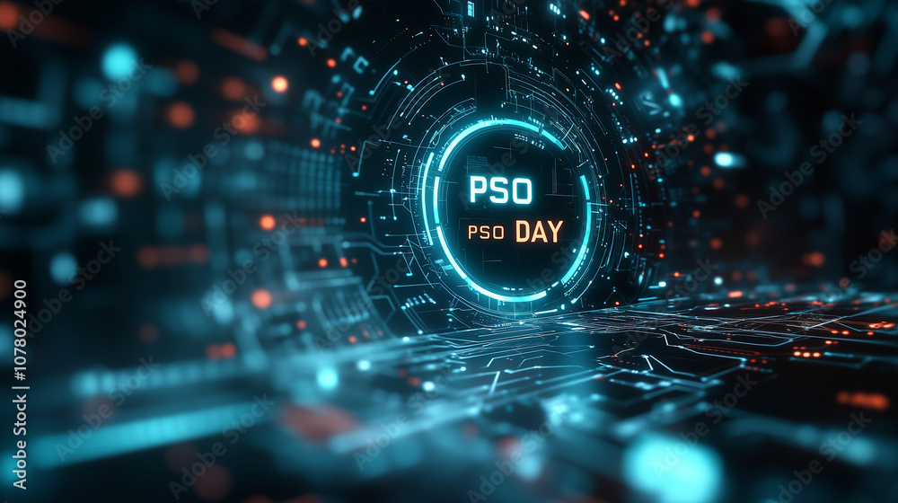 Fototapeta premium Exploring the futuristic digital landscape on PSO Day featuring vibrant blue circuitry and holographic designs.