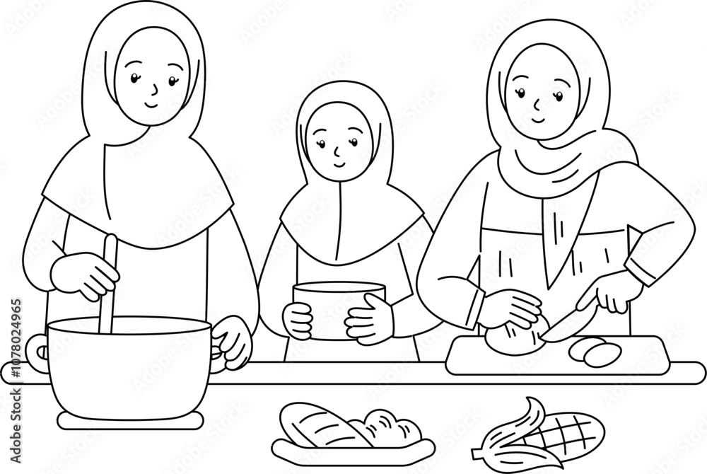 muslim family cooking together outline coloring muslim family cooking together outline coloring