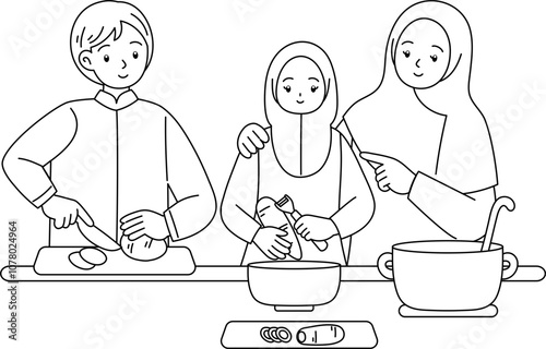 muslim family cooking together outline coloring