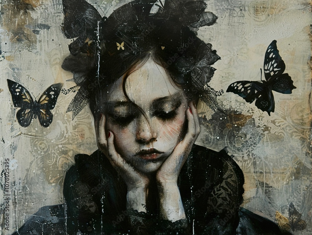 Fototapeta Melancholy Portrait of a Woman with Butterflies - Dark Art and Fantasy Painting