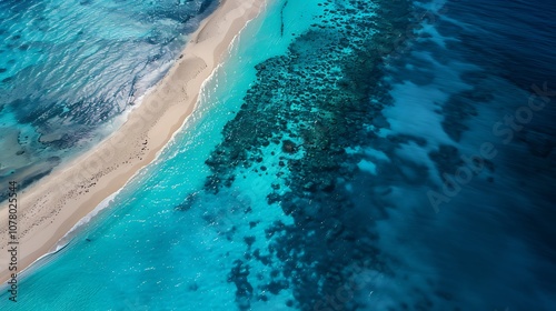 A breathtaking aerial view of a tropical white sand beach meeting the crystal clear blue and turquoise waters of a coral reef, with the vibrant colors of the blue lagoon stretching into the horizon. photo