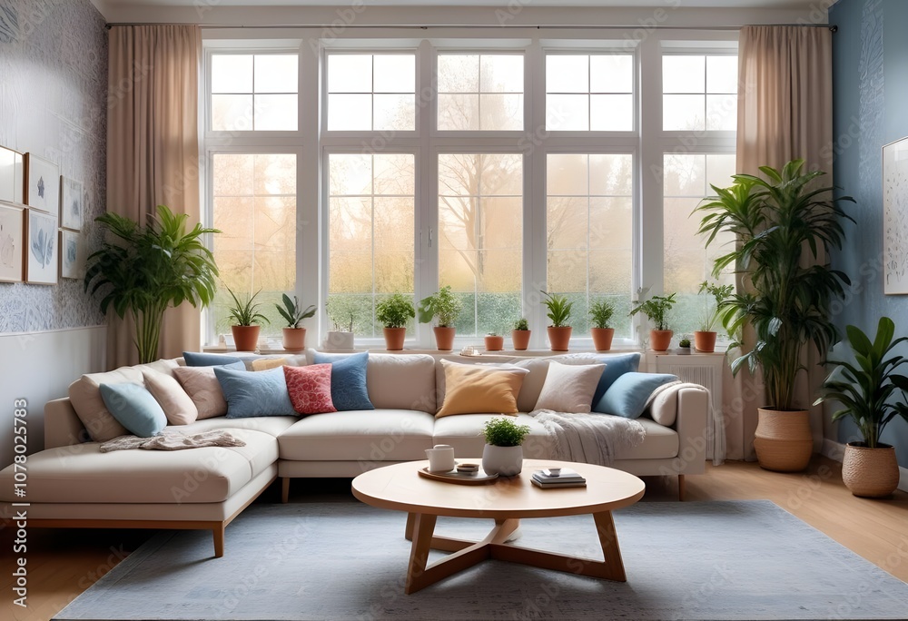 Scandinavian living room interior design zoom background,Doodle patterned wallpaper graphics Scandinavian living room interior design zoom background,Doodle patterned wallpaper graphics