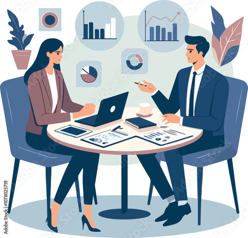 Partners meeting for business discussion with documents and laptop on desk. Couple at round table, speaking, discussing work, partnership. Flat vector on a white background