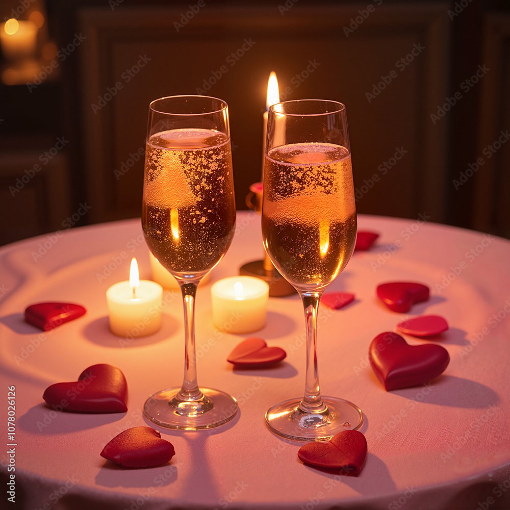 glass of champagne candles and hearts evening, Al Generation glass of champagne candles and hearts evening, Al Generation