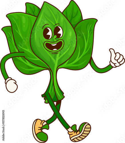 Groovy spinach Christmas vegetable character. Ripe veggie happy groovy vector mascot, agriculture organic harvest or vegetarian food ripe spinach vegetable groovy Christmas character