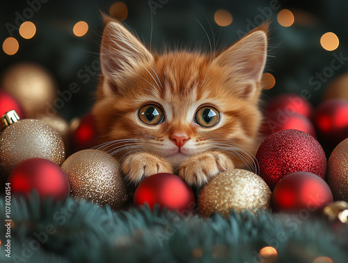 Junge Somali Katze spielt in Weihnachtskugeln vor einem Weihnachtsbaum. KI generiert photo