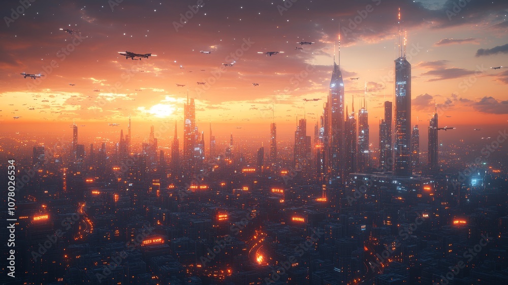 Futuristic City Skyline at Dusk with Flying Drones