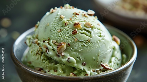 A close-up of a creamy green ice cream scoop, covered in finely chopped nuts, melting slightly under warm light, highlighting the texture and freshness of the dessert. photo