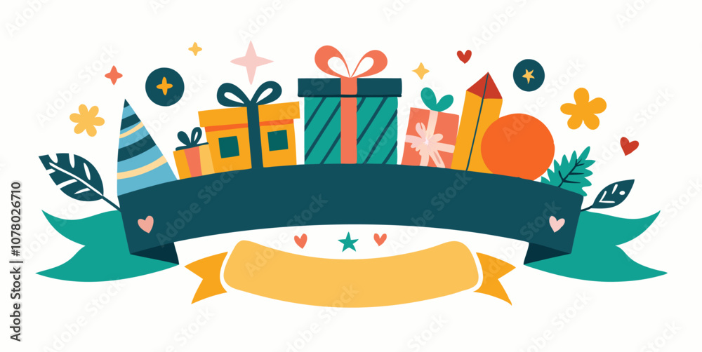 Naklejka premium Festive birthday celebration banner with colorful gift boxes and party elements