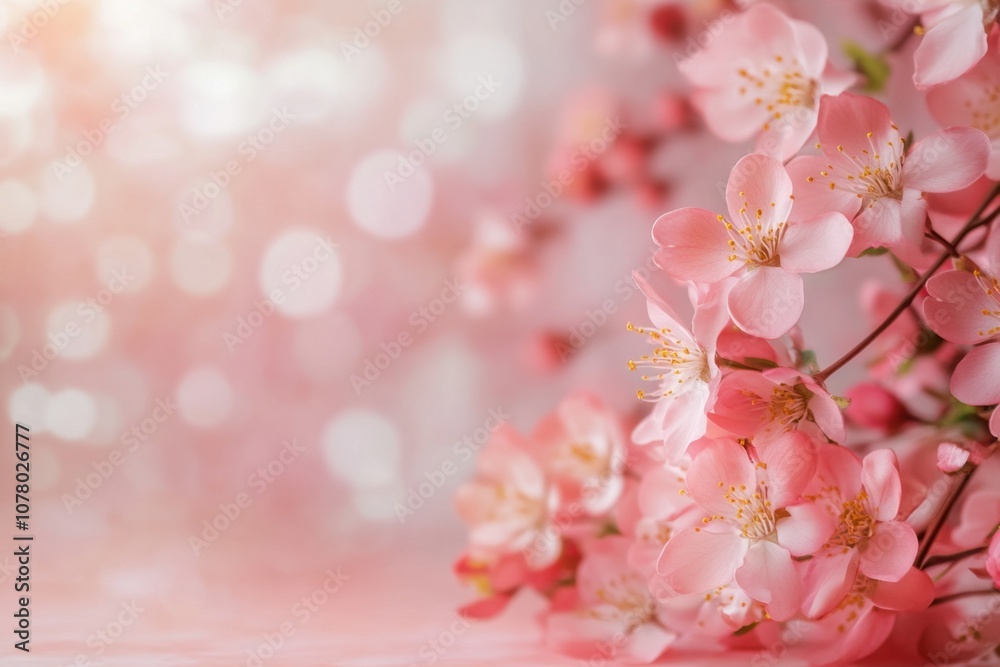 Delicate pink cherry blossoms on a blurred pink and white background. Delicate pink cherry blossoms on a blurred pink and white background.