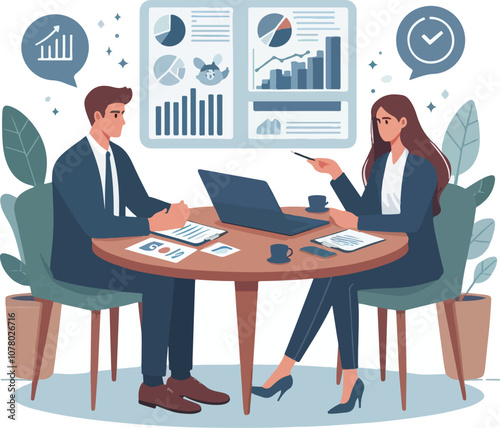 Partners meeting for business discussion with documents and laptop on desk. Couple at round table, speaking, discussing work, partnership. Flat vector on a white background