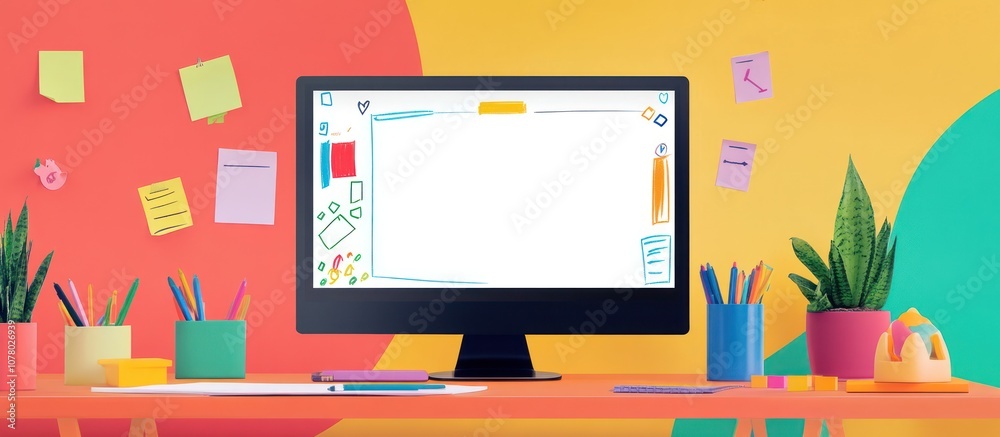 A desktop computer with a blank screen surrounded by colorful sticky notes, pens and plants. A desktop computer with a blank screen surrounded by colorful sticky notes, pens and plants.