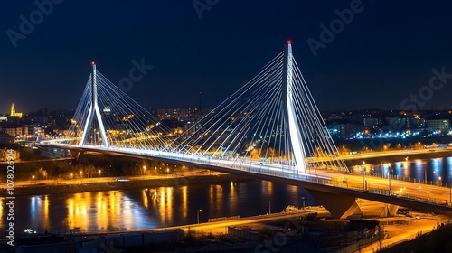 A modern cable-stayed bridge illuminated at night with traffic crossing and the city skyline in the background.