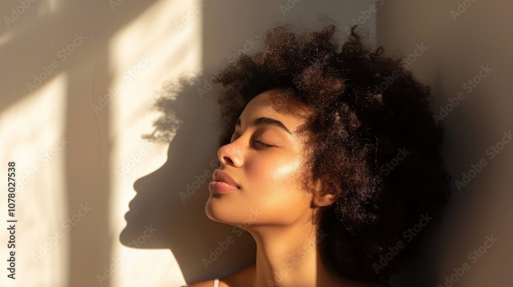 A calm figure with closed eyes leans against a wall, reflecting and enjoying tranquil indoor lighting, creating a moment of peace A calm figure with closed eyes leans against a wall, reflecting and enjoying tranquil indoor lighting, creating a moment of peace