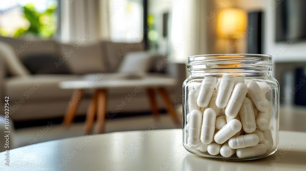 A glass jar filled with white capsules on a table in a cozy living room setting.