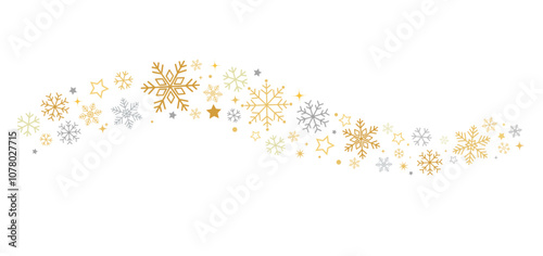 Gold snowflakes falling on white background. Glittering glowing snowflakes. Snowflakes decorative elements for Christmas. Snowfall weather. Vector illustration.