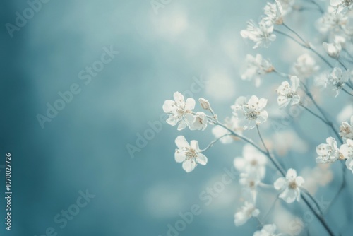 Delicate white blossoms with soft blue background.