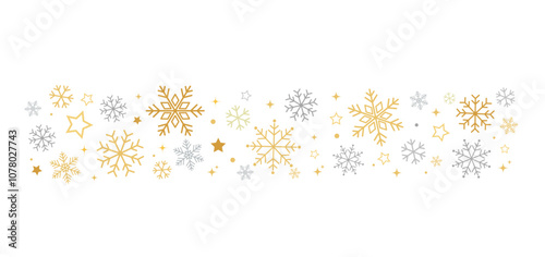 Gold snowflakes falling on white background. Glittering glowing snowflakes. Snowflakes decorative elements for Christmas. Snowfall weather. Vector illustration.