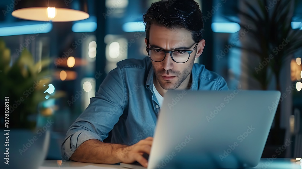 A focused man wearing glasses intently looking at his laptop, set in a modern workspace with a sleek, professional atmosphere, symbolizing productivity and innovation. A focused man wearing glasses intently looking at his laptop, set in a modern workspace with a sleek, professional atmosphere, symbolizing productivity and innovation.