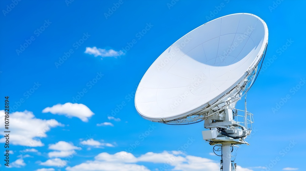 Solitary Satellite Dish in Expansive Field Under a Bright Blue Sky - Captivating Landscape with Fluffy Clouds Ideal for Technology and Nature Themes Solitary Satellite Dish in Expansive Field Under a Bright Blue Sky - Captivating Landscape with Fluffy Clouds Ideal for Technology and Nature Themes