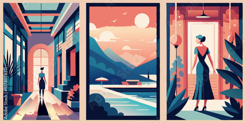 Modern art deco style: elegant woman in architecture and tranquil landscape