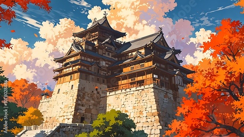 Big and classic japanese temple castle Animated anime landscape panorama autumn scene