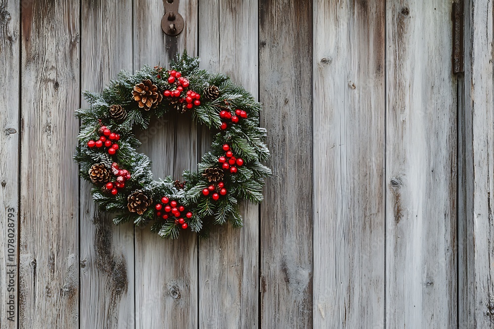 Holiday wreath on a rustic door, simple and elegant with space for text on the side Holiday wreath on a rustic door, simple and elegant with space for text on the side
