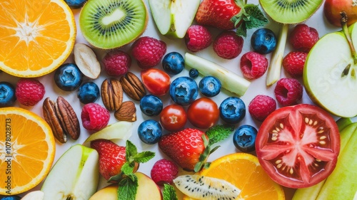 Array of Fresh Fruits and Nuts in Grid Pattern